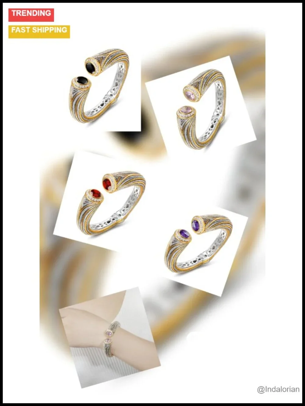 Vintage Multi Strand Twisted Wire Cable CZ Cuff Bangle Two Tone Gold Silver
